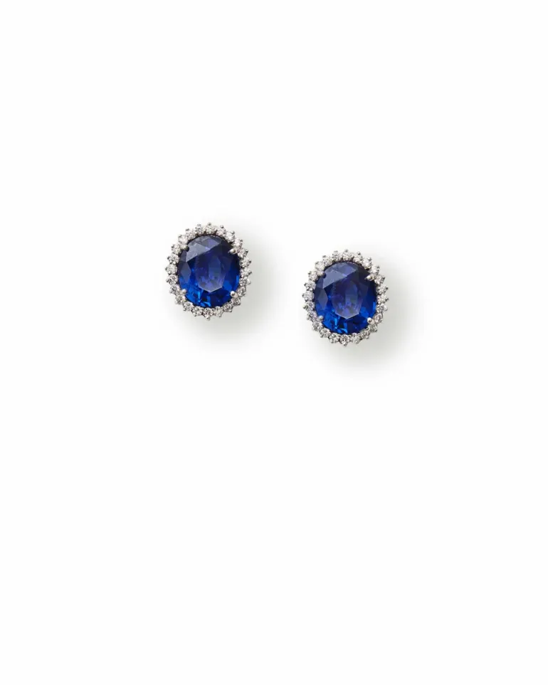 Blue Oval and Crystal Halo Earrings