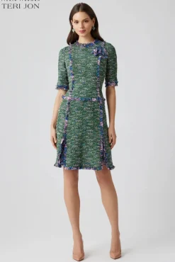 Boucle Tweed Chiffon Trim Short Sleeve Dress