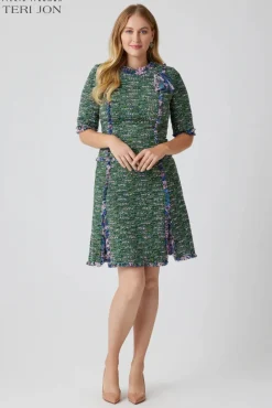 Boucle Tweed Chiffon Trim Short Sleeve Dress