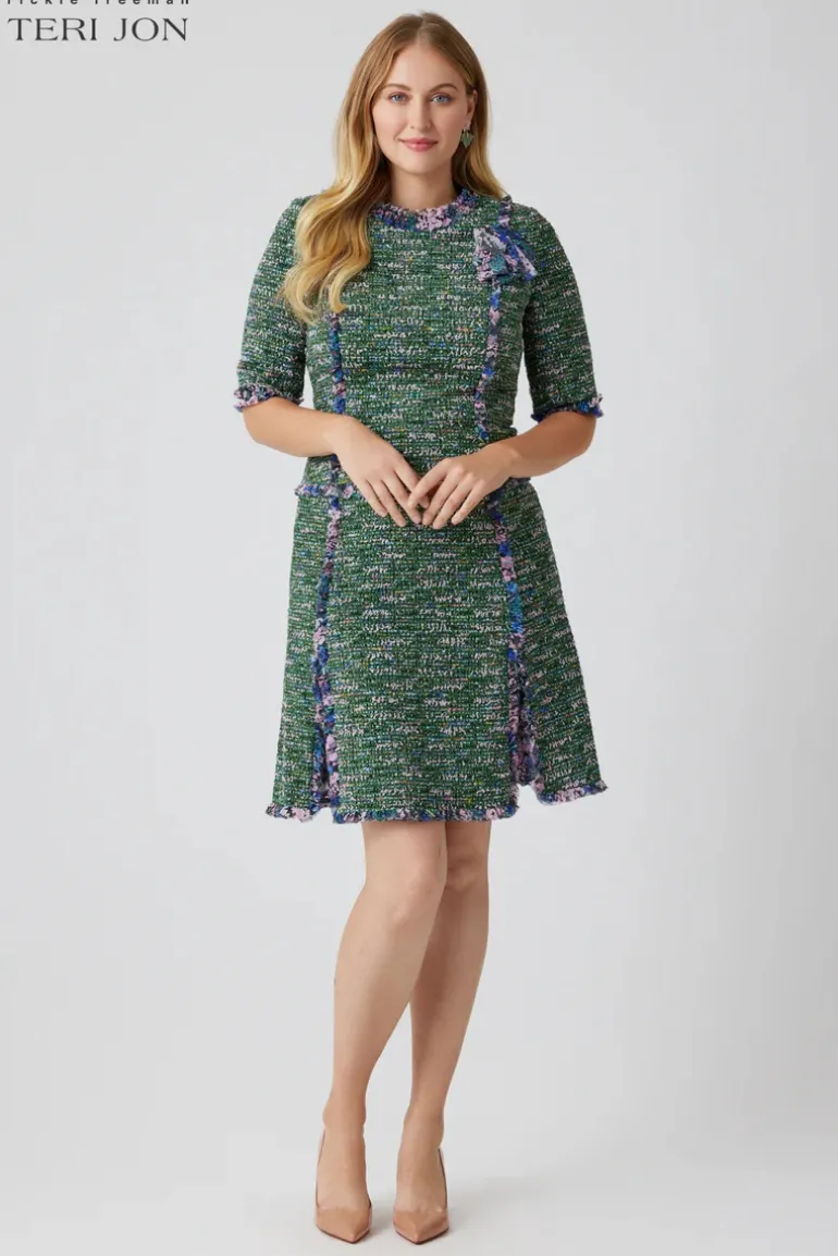 Boucle Tweed Chiffon Trim Short Sleeve Dress