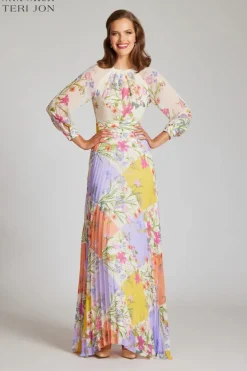 Chiffon Patchwork Floral Print Pleated Maxi Dress