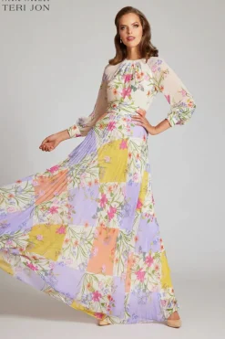 Chiffon Patchwork Floral Print Pleated Maxi Dress