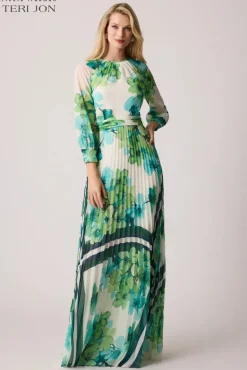 Chiffon Pleated Maxi Floral Print Gown