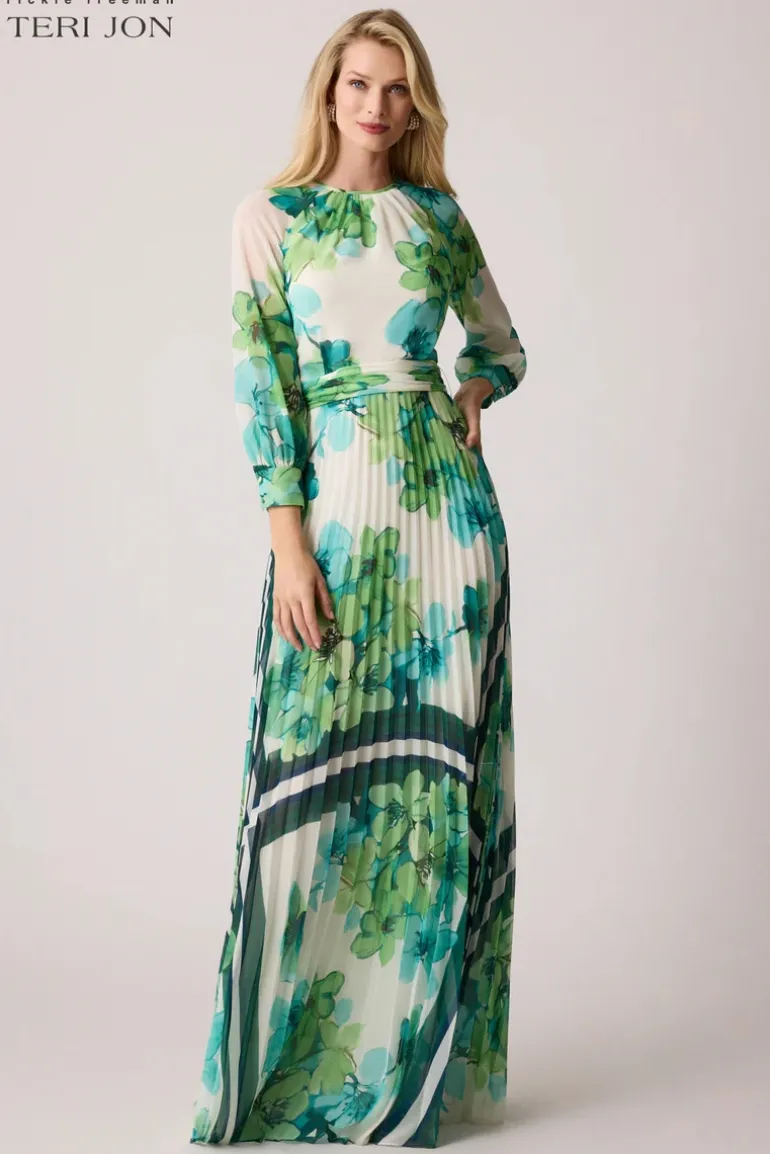 Chiffon Pleated Maxi Floral Print Gown