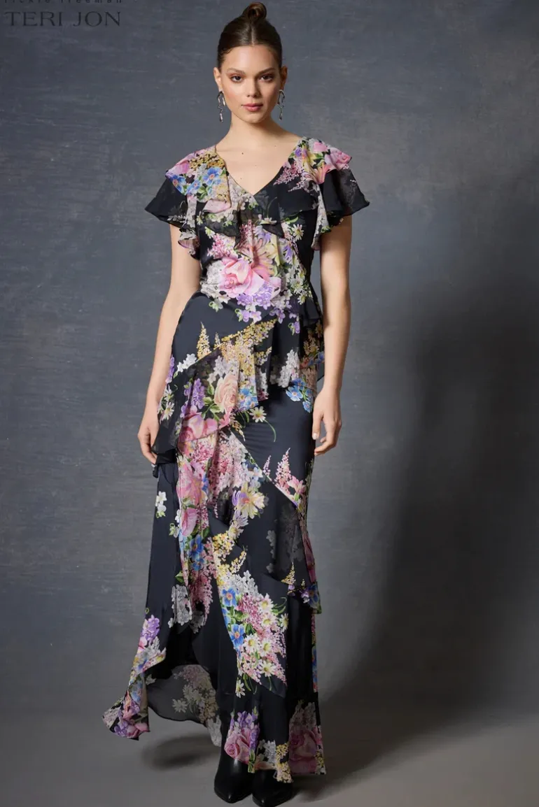 Chiffon V-Neck Ruffle Gown