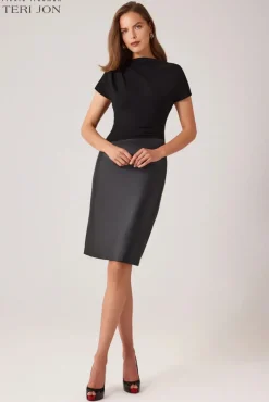 Crepe And Leather Stretch Cocktail Dress