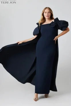 Crepe And Taffeta Evening Gown With Cape