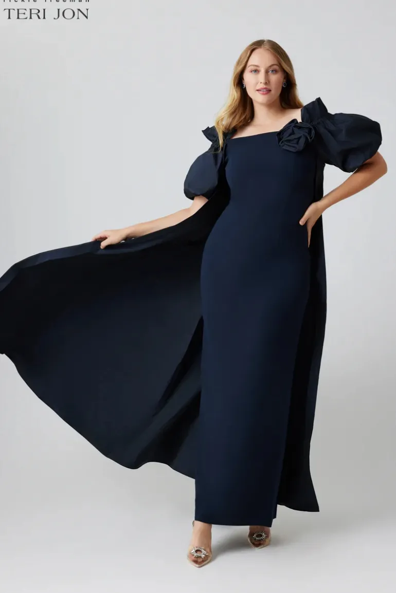 Crepe And Taffeta Evening Gown With Cape