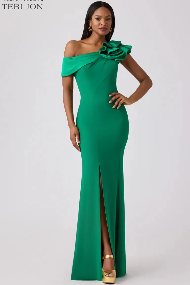 Crepe Asymmetrical Evening Column Gown