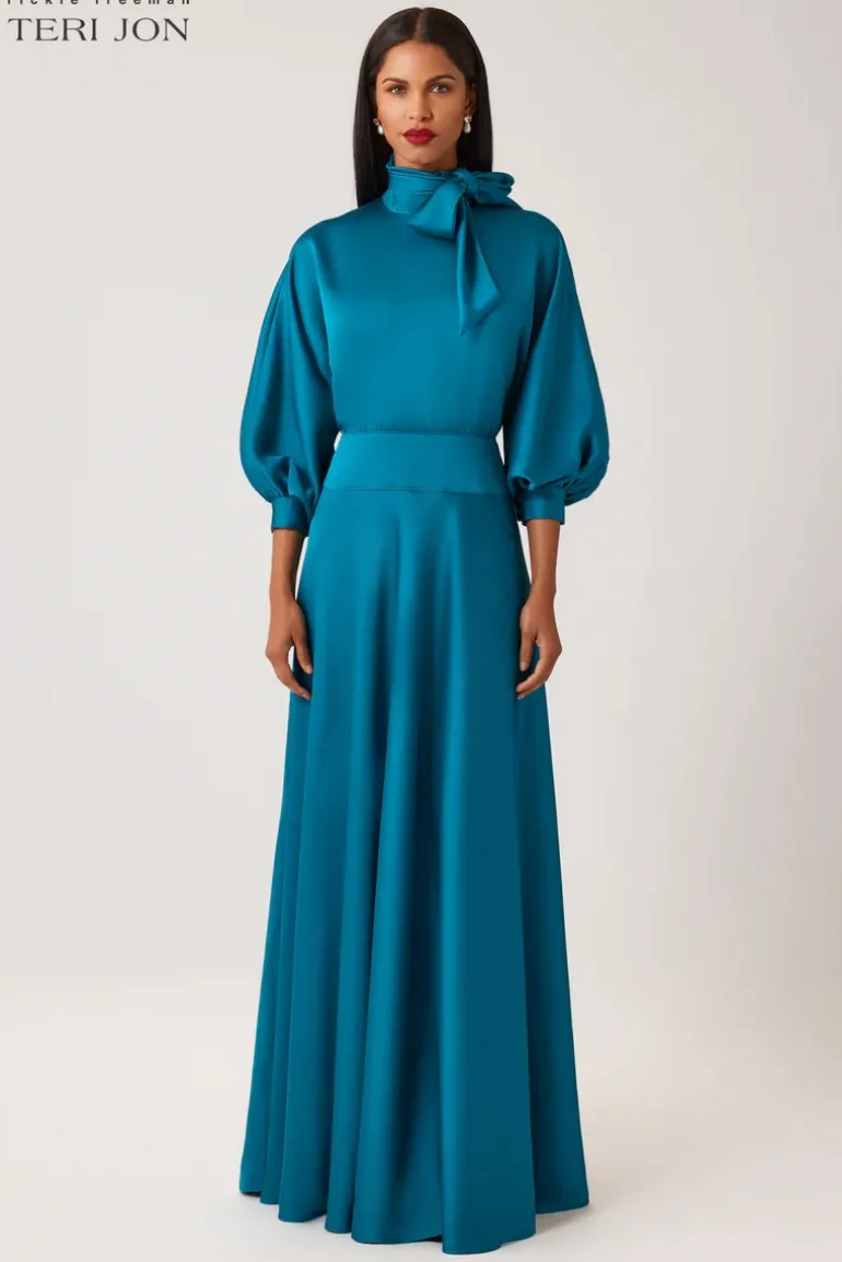 Crepe Back Satin Tie Neck Gown