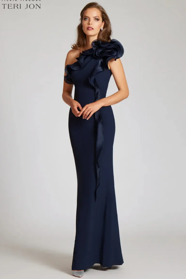 Crepe Column Gown With Organza
