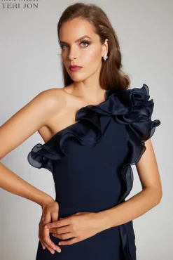 Crepe Column Gown With Organza