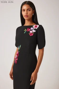 Crepe Embroidered Flower Stretch Dress