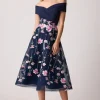Crepe Off The Shoulder Embroidered Tulle Dress