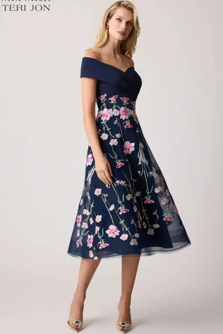 Crepe Off The Shoulder Embroidered Tulle Dress