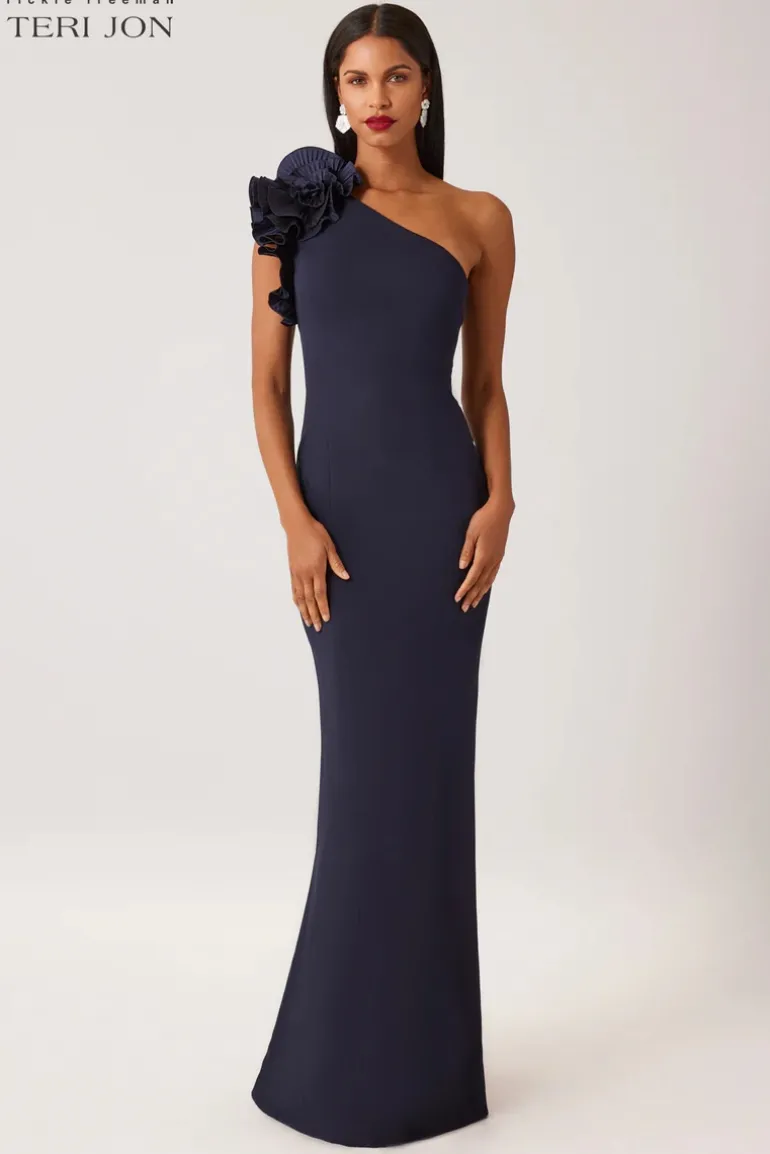 Crepe One Shoulder Column Evening Gown