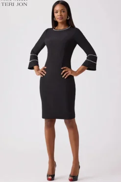 Crepe Pearl Trim Bell Sleeve Shift Dress