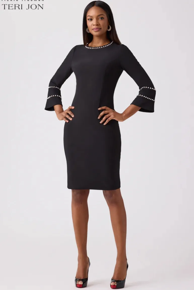 Crepe Pearl Trim Bell Sleeve Shift Dress