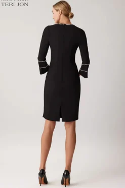 Crepe Pearl Trim Bell Sleeve Shift Dress