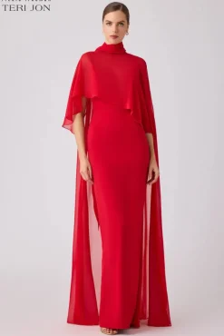 Crepe Slip Bodice Gown With Chiffon Cape Overlay