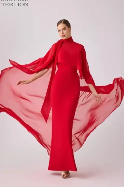 Crepe Slip Bodice Gown With Chiffon Cape Overlay