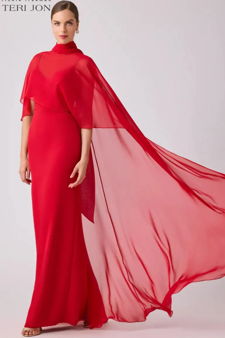 Crepe Slip Bodice Gown With Chiffon Cape Overlay