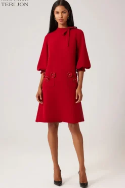 Crepe Tie Neck Flower Applique Trim Dress