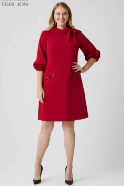 Crepe Tie Neck Flower Applique Trim Dress