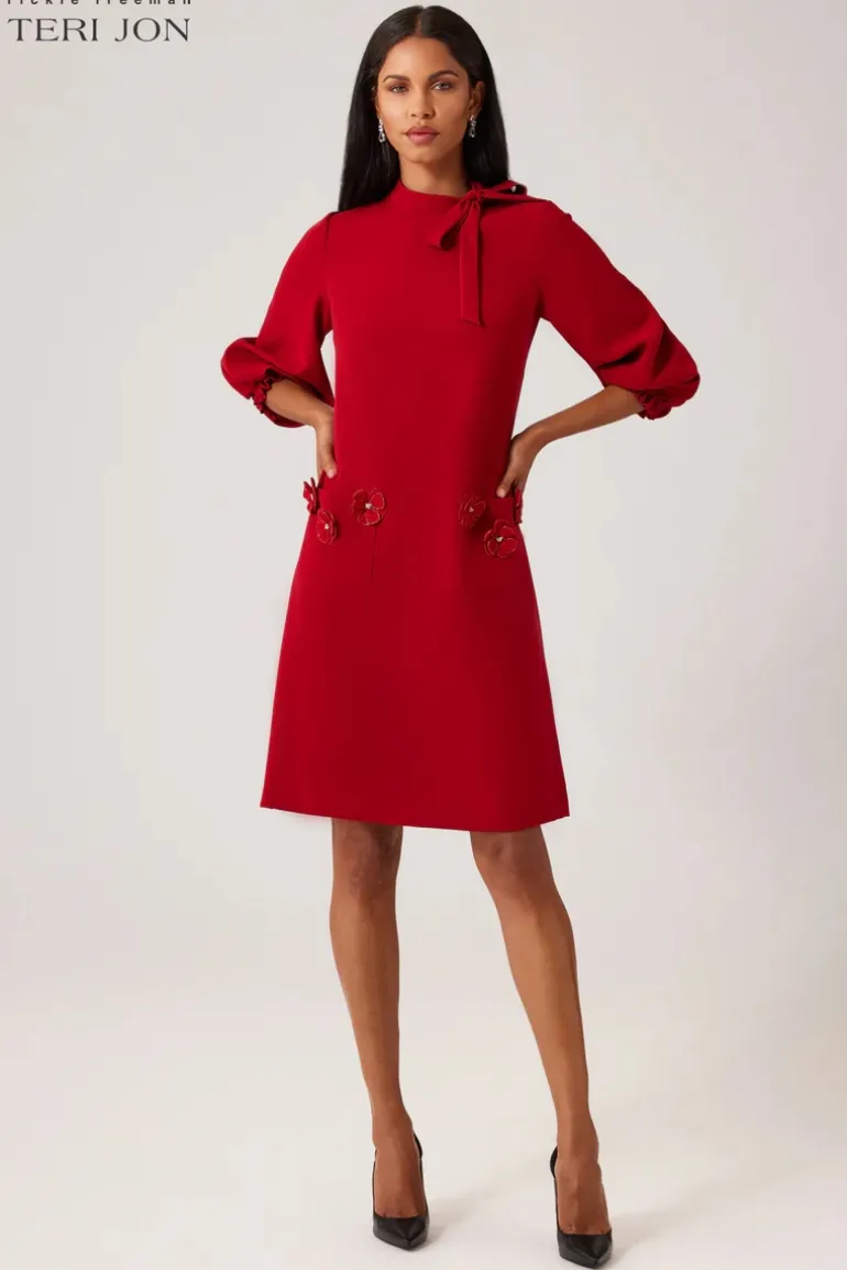 Crepe Tie Neck Flower Applique Trim Dress