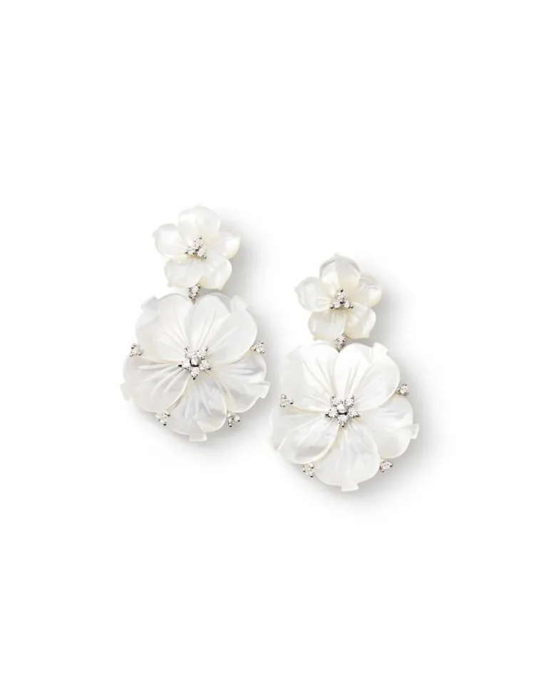 Double Carved Mother of Pearl Flower Drop Earrings