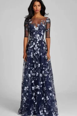 Embroidered Lace Illusion Gown With Elbow Sleeves