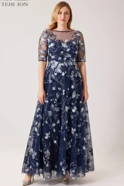 Embroidered Lace Illusion Gown With Elbow Sleeves
