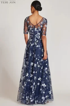 Embroidered Lace Illusion Gown With Elbow Sleeves