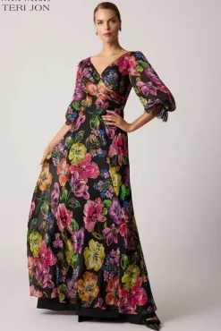 Floral Chiffon Bodice Lace Trim Sleeve Gown