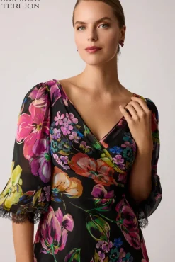 Floral Chiffon Bodice Lace Trim Sleeve Gown