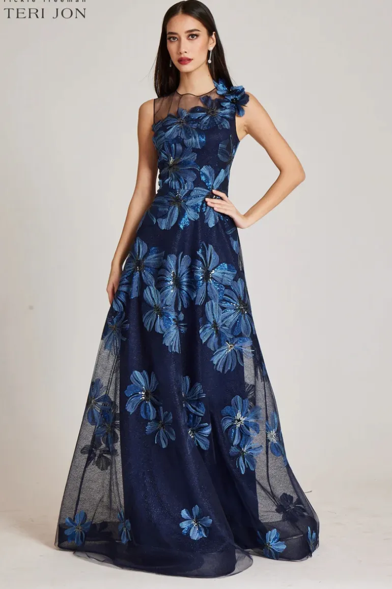 Floral Embroidered Tulle Gown With 3D Flower