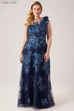 Floral Embroidered Tulle Gown With 3D Flower