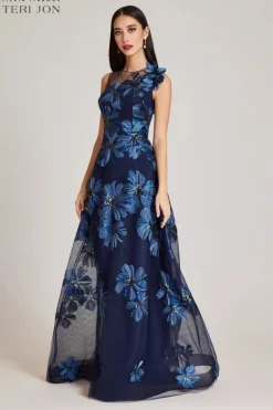 Floral Embroidered Tulle Gown With 3D Flower