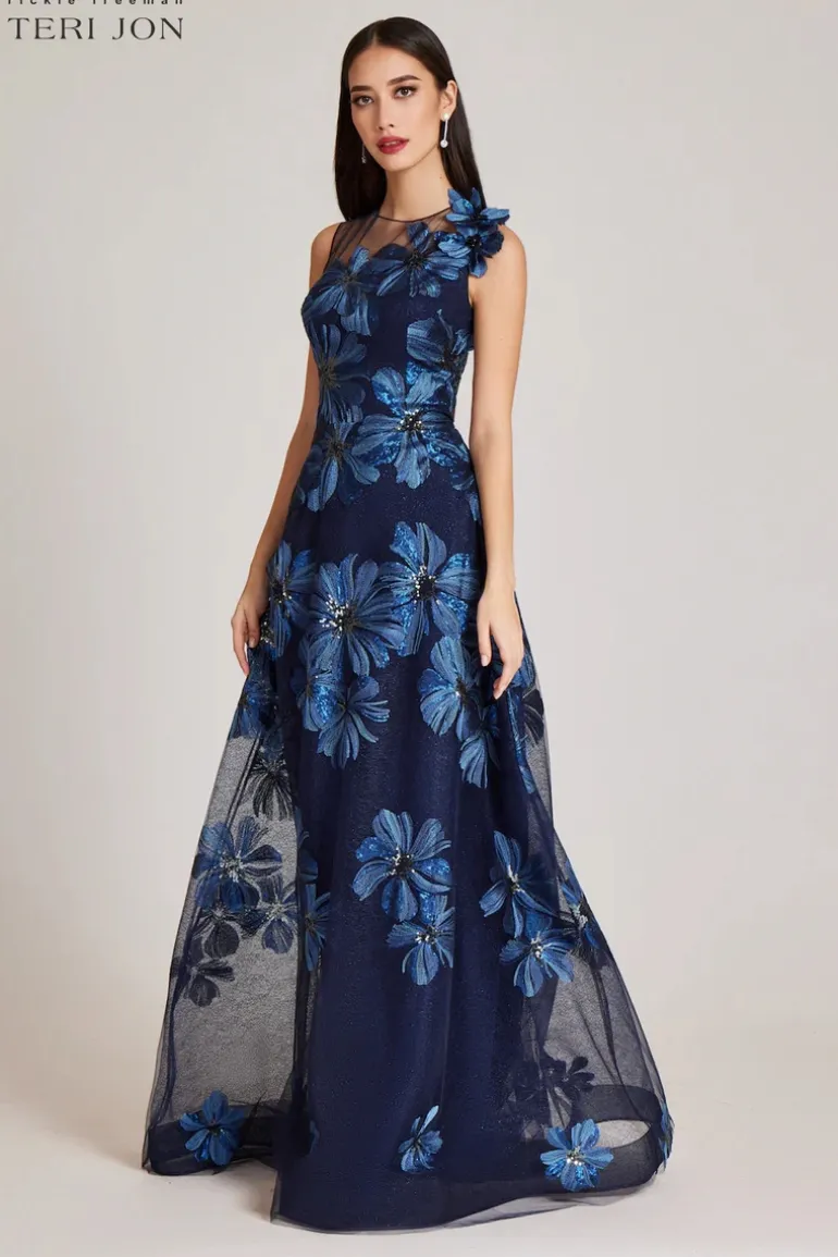 Floral Embroidered Tulle Gown With 3D Flower