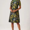 Floral Jacquard Bead Mock Neck A-Line Dress