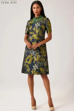 Floral Jacquard Bead Mock Neck A-Line Dress