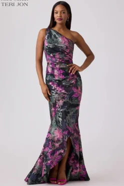 Floral Jacquard One Shoulder Evening Gown
