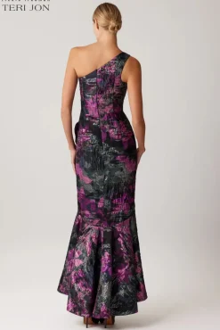 Floral Jacquard One Shoulder Evening Gown
