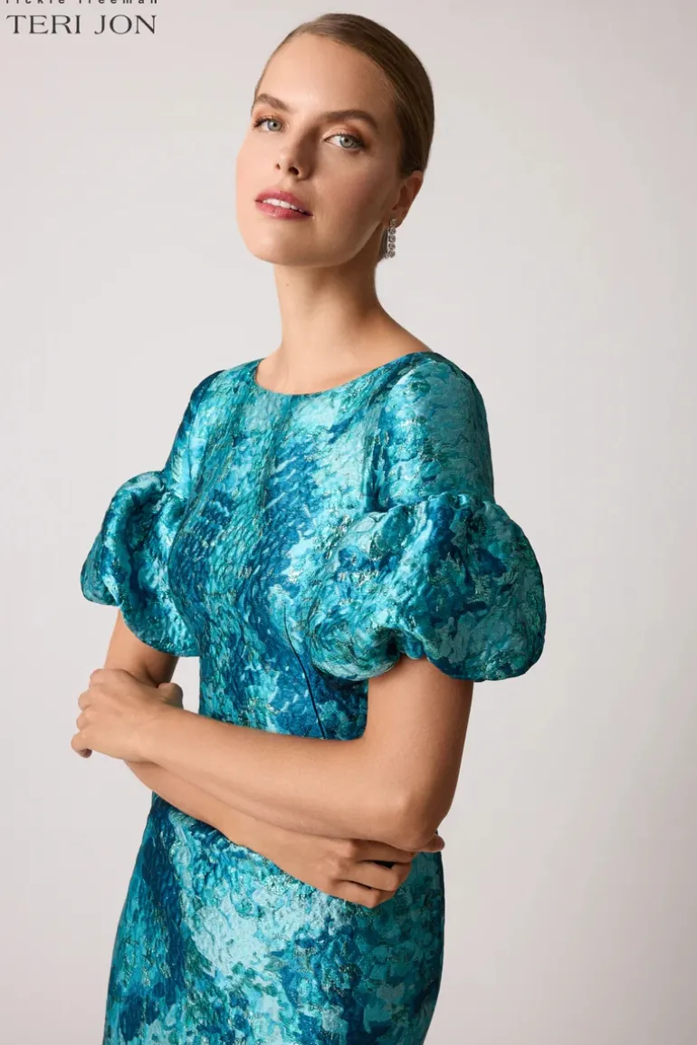 Floral Jacquard Puff Sleeve Dress