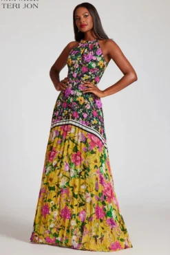 Floral Pleated Halter Neck Gown