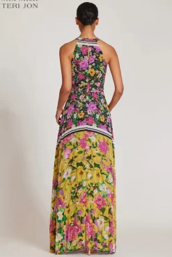Floral Pleated Halter Neck Gown