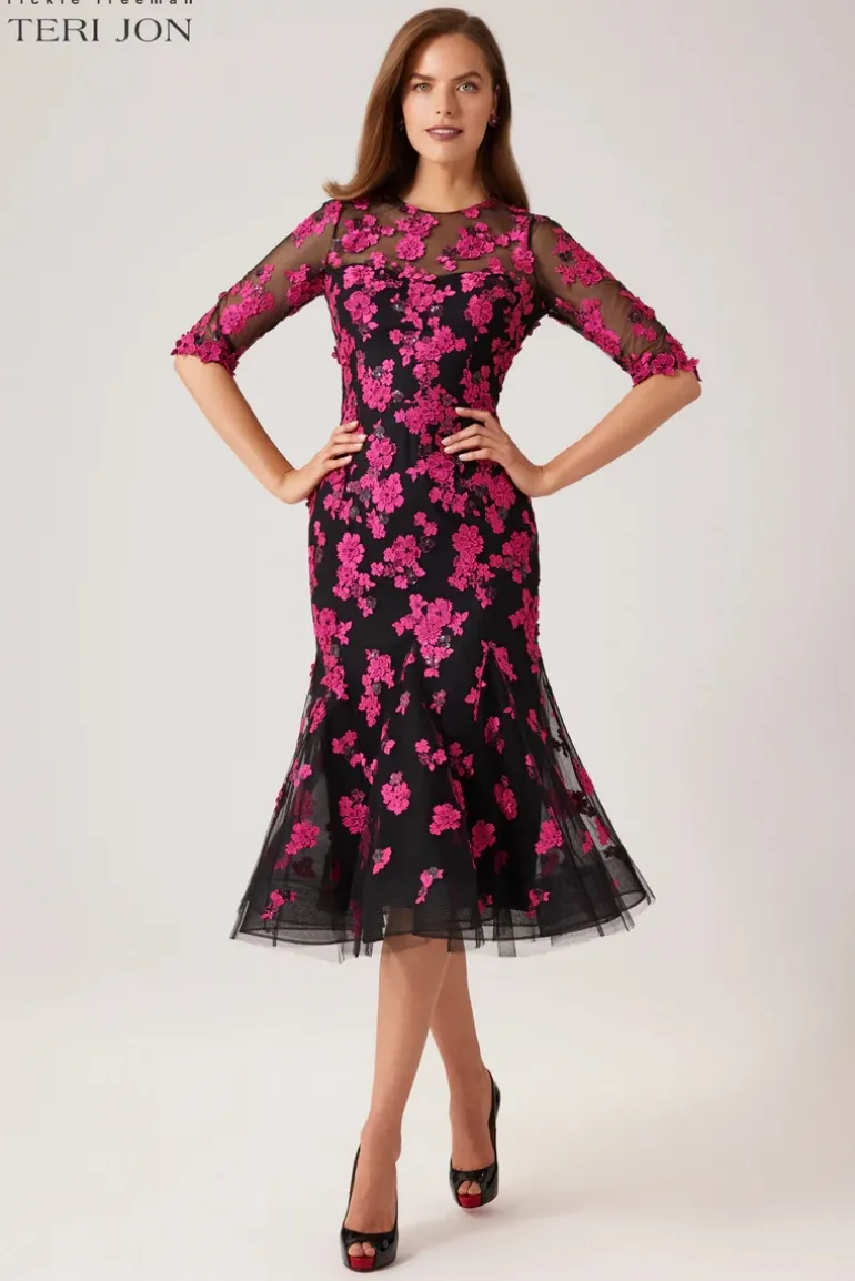 Flower Applique Godet Dress