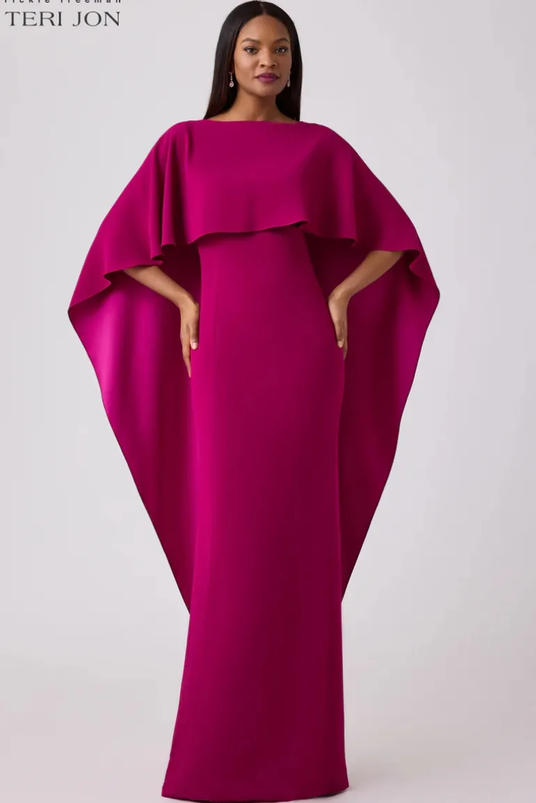 Formal Crepe Gown With Satin Back Capelet