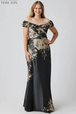 Formal Metallic Jacquard Floral Evening Gown