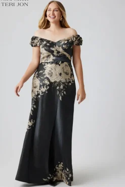 Formal Metallic Jacquard Floral Evening Gown
